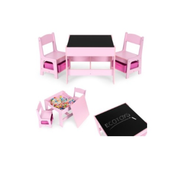 ECOTOYS Σετ επίπλων για παιδιά τραπεζάκι + 2 καρέκλες με πίνακα κιμωλίας ροζ ZKC-1B