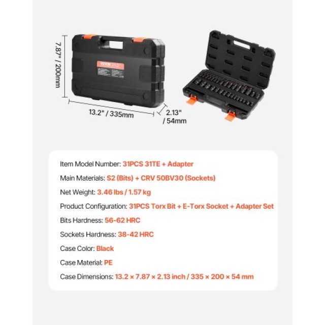 VEVOR Σετ Καρυδάκια Torx και Εξωτερικά Torx 31 Τεμαχίων T8-T70 και E4-E24 Ατσάλι PTTT143812TORESE9V0
