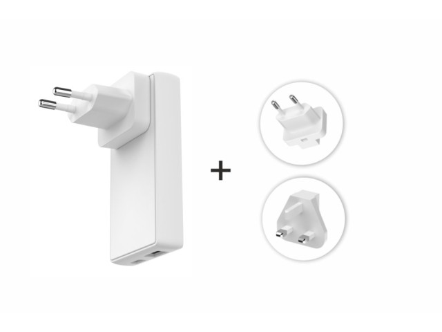 SWISSTEN Προσαρμογέας Ταξιδιού GaN USB-C + USB-A, 65 W, Ανταλλάξιμα Βύσματα (US, EU, UK), Λευκός 8595217492264