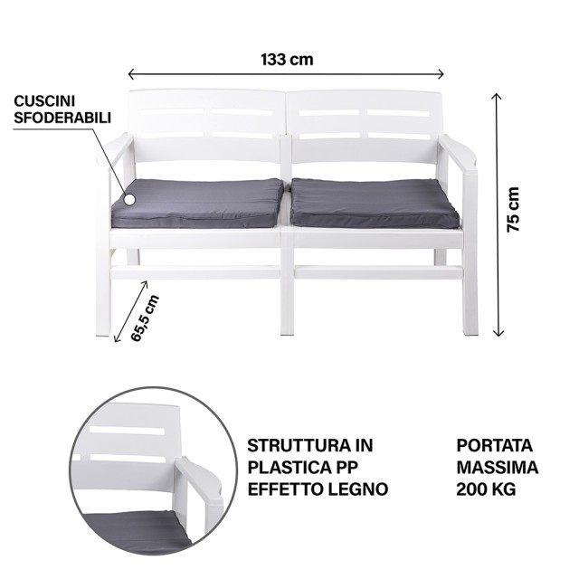 Galileo Σετ κήπου 4 θέσεων λευκό από πλαστικό PP με όψη ξύλου, γκρι μαξιλάρια Fiji Est 5906464