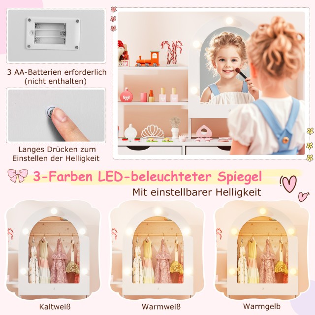 Costway Σετ Παιδικό Τραπέζι και Καρέκλα Μακιγιάζ με Καθρέφτη και Ρυθμιζόμενο Φωτισμό 3 Χρωμάτων - Λευκό TP10448WH