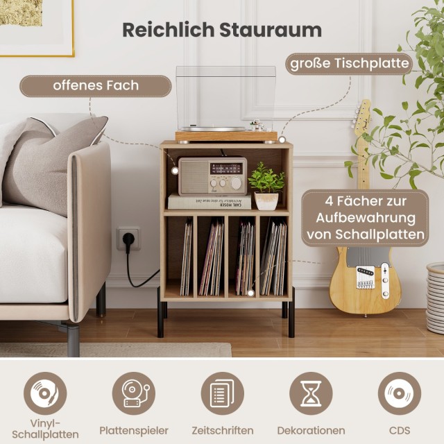 Costway Βάση Πικάπ με Σταθμό Φόρτισης & Ράφι & 4 Διαχωριστικά για Δίσκους Βινυλίου Τραπεζάκι Πικάπ Φυσικό JV12882DE-NA