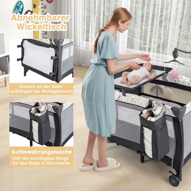 Costway Πολυλειτουργικό Παιδικό Κρεβάτι Ταξιδιού 3-σε-1 με Αλλαξιέρα και Πάρκο Παιχνιδιού BE10048DE-CL