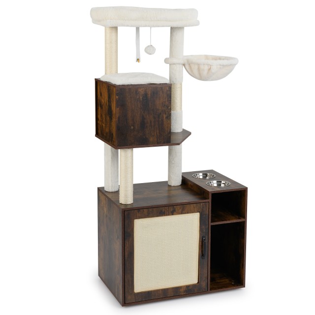 Costway Πύργος Γάτας με Ξύλινη Ντουλάπα & Σιζάλ Κολόνα Ξυσίματος, Καφέ 155 x 72 x 45,5 εκ. PV10365CF