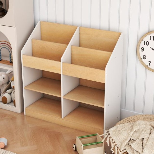 Costway Παιδική Βιβλιοθήκη & Ράφι Παιχνιδιών με 4 Κατακόρυφους Κύβους & 4 Χώρους Αποθήκευσης, Λευκό, 80 x 80 x 29,5 εκ. TP10444WH