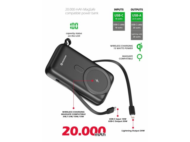 SWISSTEN Powerbank 20000 mAh PD 20W με ενσωματωμένα καλώδια USB-C και Lightning (Συμβατό με MagSafe) 8595217484795