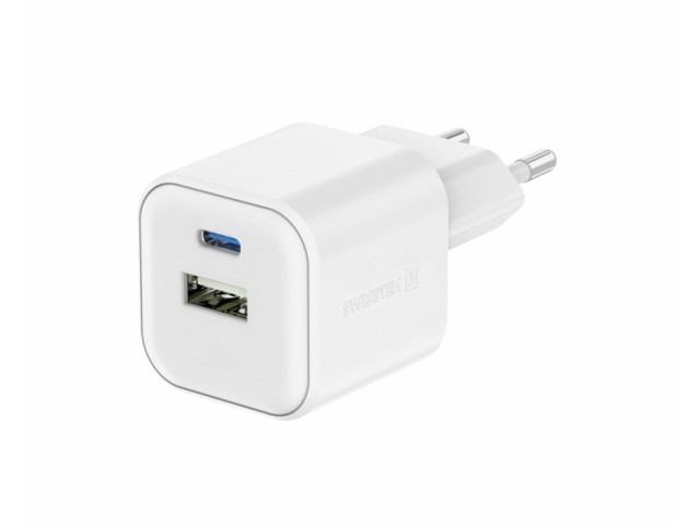 SWISSTEN Γρήγορος Φορτιστής GaN: 1x USB-C 35W PD και 1x USB-A 27W QC Λευκό 8595217484481