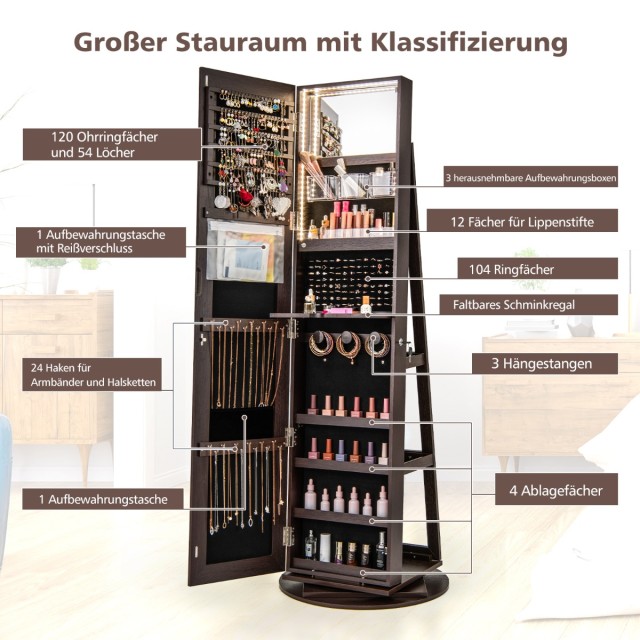 Costway  Περιστρεφόμενη Κοσμηματοθήκη 360° με Τρίχρωμο LED Φωτισμό Σκοτεινό Καφέ Καθρέφτης Ντουλάπι JV10430ZS