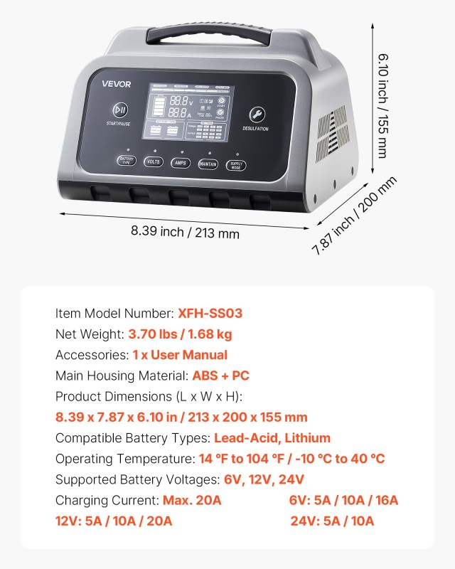 VEVOR Έξυπνος Φορτιστής Μπαταρίας 20A για 6V 12V 24V (LiFePO4, Μολύβδου-Οξέος) με Οθόνη LCD TSLDQSCDQ20AJDCWH001V2