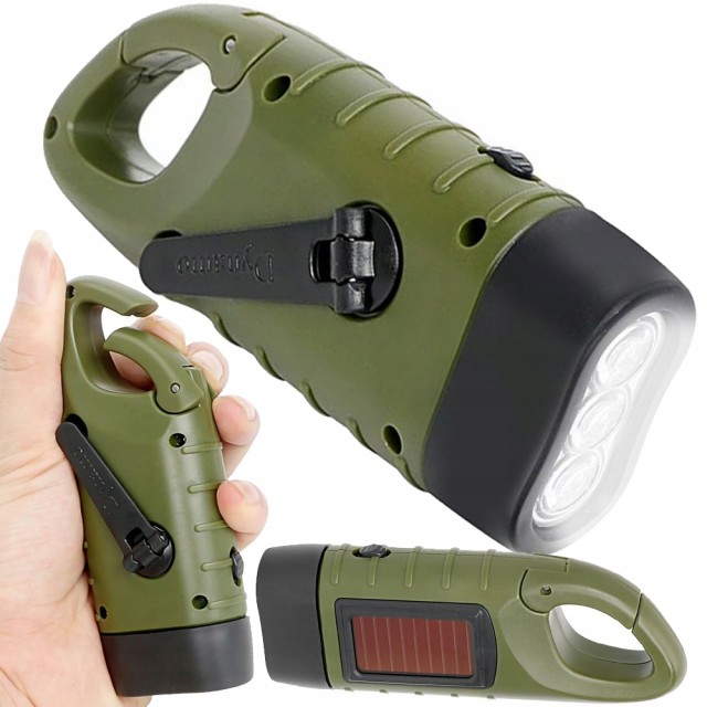 Verk group Φακός 3 LED με Χειροκίνητη Μανιβέλα & Κλιπ Dynamo Solar Torch  Πράσινος 5907451378144