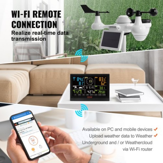 VEVOR 7-σε-1 Wi-Fi Μετεωρολογικός Σταθμός με Έγχρωμη Οθόνη 7.5, Αισθητήρας Εξωτερικού Χώρου με Ηλιακή Ενέργεια, Ειδοποιήσεις Συναγερμού TYNQ75VAWIFI7T9PDV2