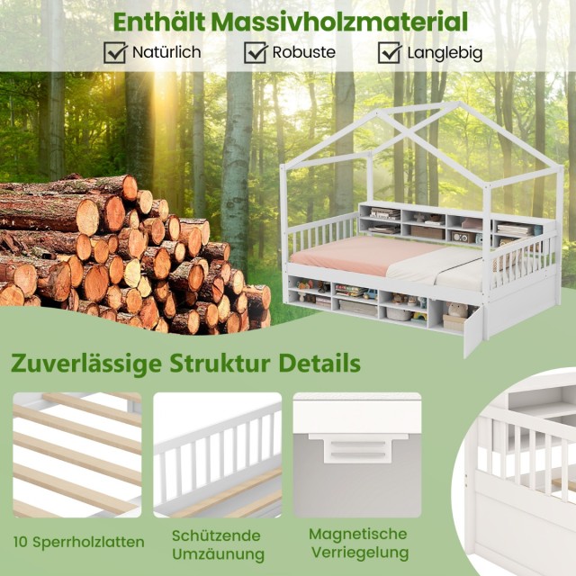 Costway Παιδικό κρεβάτι σπιτάκι 200 x 90 cm με προστατευτικό πτώσης & 14άρι τελάρο, Λευκό HU10940WH-T+