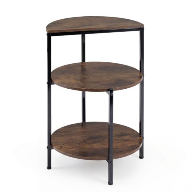 Costway Στρογγυλό τριώροφο βοηθητικό τραπεζάκι βιομηχανικού στιλ με μεταλλικό σκελετό, ρυθμιζόμενα πόδια και ρουστίκ καφέ φινίρισμα, 63 x 43 x 43 cm HV10864CF