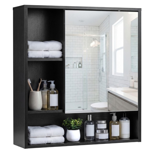 Costway Κρεμαστό ντουλάπι με καθρεφτένια πόρτα και 3 ανοιχτά ράφια, μαύρο, 61 x 56 x 16 cm JV13867DK