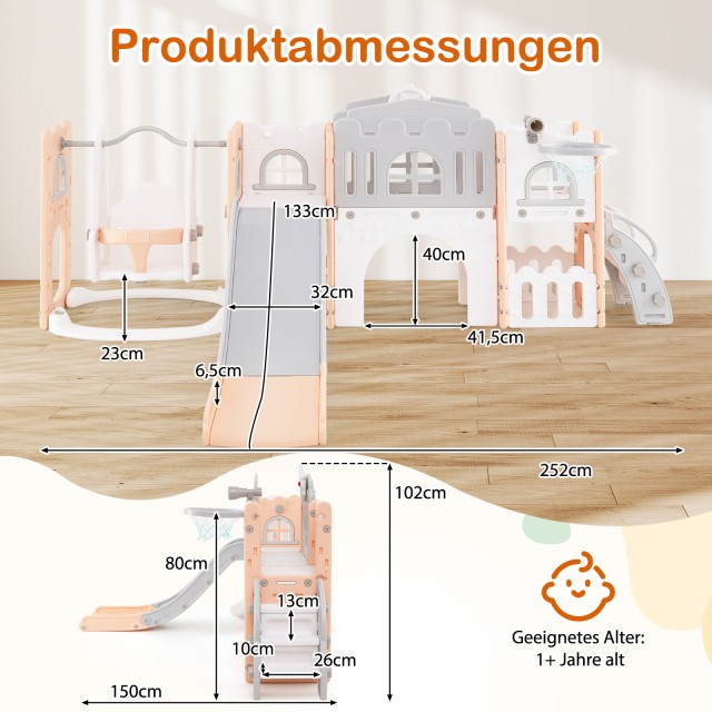Costway Σετ με Τσουλήθρα, Κουνιστή Κούνια & Αναρρίχηση με Μπασκέτα και Τηλεσκόπιο - Γκρι & Ροζ UY10148FH+