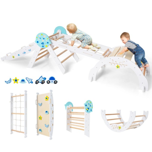 Costway Σετ Μοντεσσόρι 9 σε 1 με Λευκό Τρίγωνο Αναρρίχησης, Τόξο Αναρρίχησης, Σχοινί Αναρρίχησης & Σκάλα από Ξύλο TS10321WH