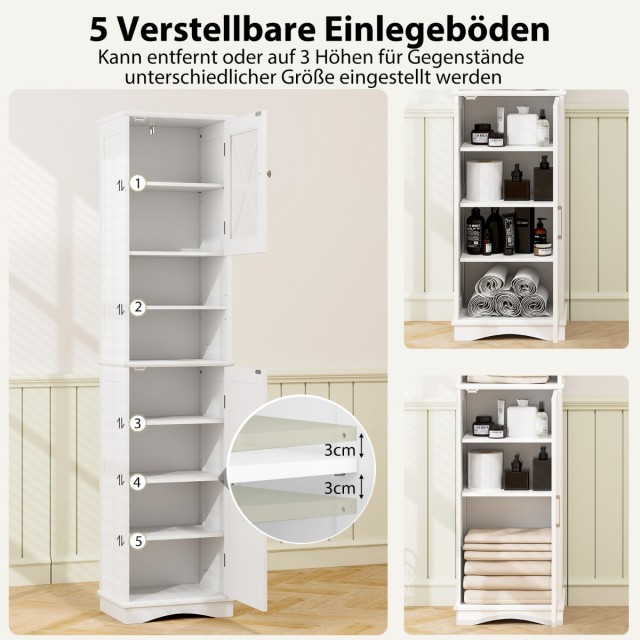 Costway  Λεπτή ντουλάπα μπάνιου με 5 ρυθμιζόμενα ράφια & 2 πόρτες, λευκή, 40 x 30 x 170,5 εκ. BA8176WH