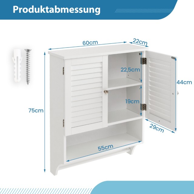 Costway Κρεμαστό Φαρμακείο με 2 Πόρτες Λαμέλας 58 x 22 x 75 cm Λευκό BA7874WH
