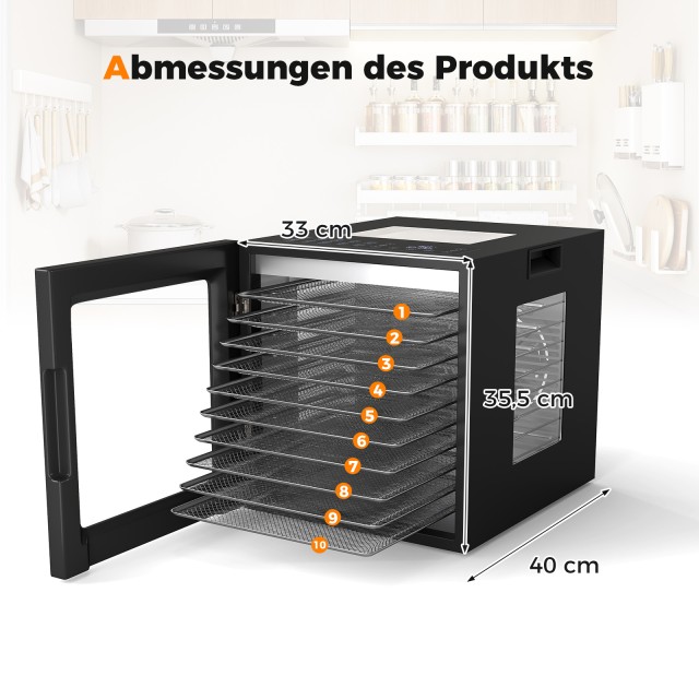 Costway Αποξηραντήρας 850W με 10 προγράμματα, 10 ανοξείδωτες σχάρες, χρονοδιακόπτη 48 ωρών και θερμοκρασία 30-75℃ ES10491DE-BK