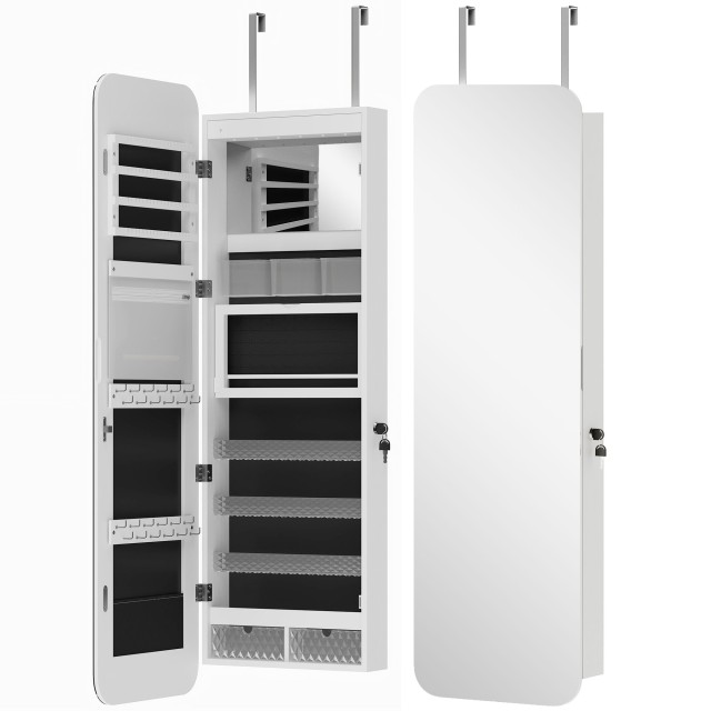 HOMCOM Καθρέπτης-Κοσμηματοθήκη Τοίχου με Εσωτερικό Φωτιζόμενο Καθρέπτη και Κλειδαριά, 37x10x120 cm 83D-140V00BK