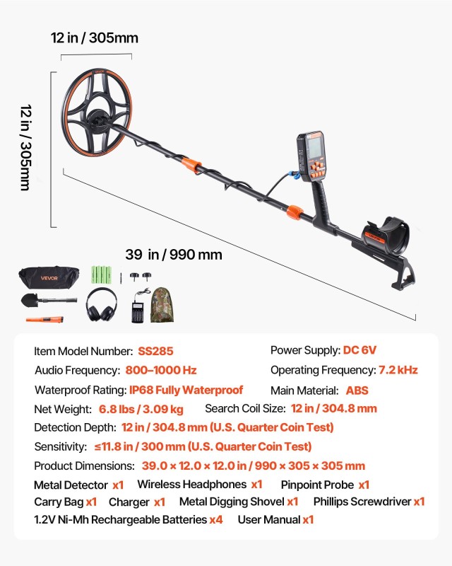 VEVOR Αδιάβροχη Ανιχνευτής Μετάλλων 304.8mm Επαγγελματική Υψηλής Ακρίβειας για Ενήλικες με Οθόνη, Ασύρματα Ακουστικά, 7 Λειτουργίες, Ρυθμιζόμενο Μήκος, IP68 Ανίχνευση Χρυσού Θησαυρού QSKJSTCQQS16N64ZJ001V9