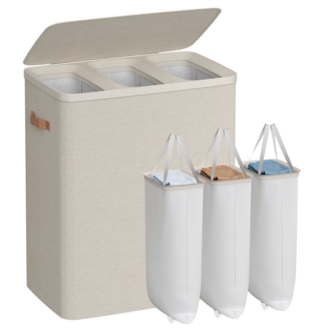 Songmics Καλάθι Απλύτων 190 L με 3 Χώρους, Καπάκι, Χερούλια και Αφαιρούμενους Σάκους, 64 x 40 x 75 εκ., Καπουτσίνο Μπεζ LCB814LH01