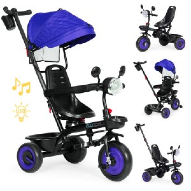 ECOTOYS Παιδικό τρίκυκλο καρότσι 3 σε 1 με περιστρεφόμενο κάθισμα και μπλε σκίαστρο WQL-066-51-Blue