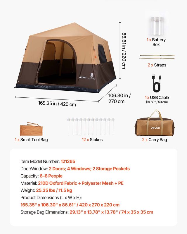 VEVOR Φουσκωτή Σκηνή Camping 8 Ατόμων με Επαναφορτιζόμενη Αντλία, Σωλήνα TPU, 4 Μεγάλα Παράθυρα Δίχτυ και Τσάντα Μεταφοράς, Μπεζ CQZ148FTZDBMI5I66001V9