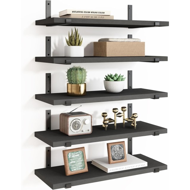 BAKAJI Σετ 5 Μαύρα Ράφια Τοίχου με Μεταλλικές Βάσεις 40x12 εκ. 02002164