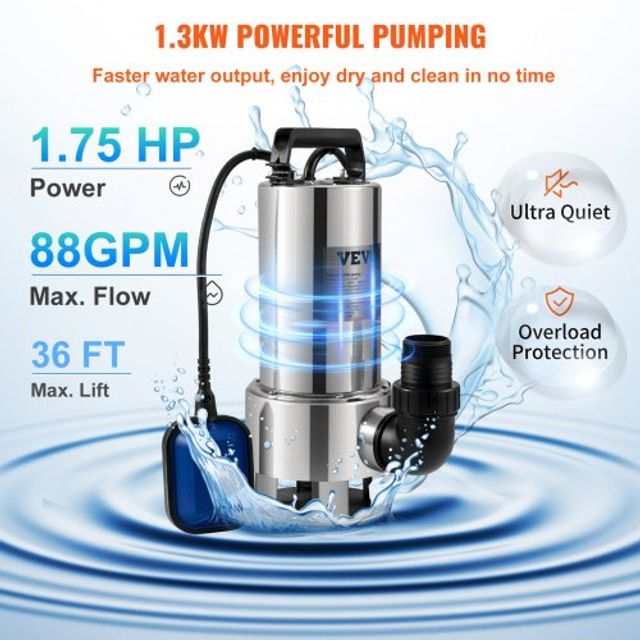 Αντλία Νερού VEVOR 1300W, 20000L/H, με 10μ Καλώδιο και Αυτόματο Φλοτέρ, Ανοξείδωτο Ατσάλι & Χυτοσίδηρο για Καθαρό/Βρώμικο Νερό WSBB175HP220V7VE3V2
