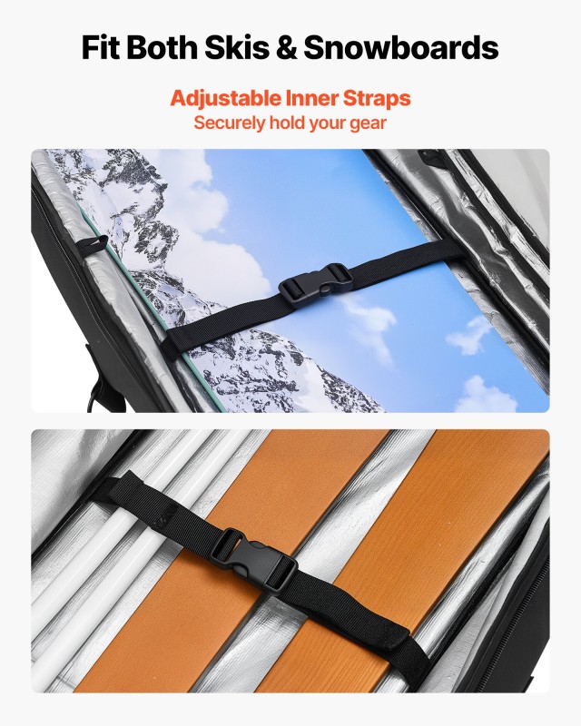 VEVOR Τσάντα Σκι με Ροδάκια, για Σκι έως 190 εκ., Αδιάβροχο Υλικό 600D, Μαύρο Χρώμα HXYJBXBB190C26CMJ001V0
