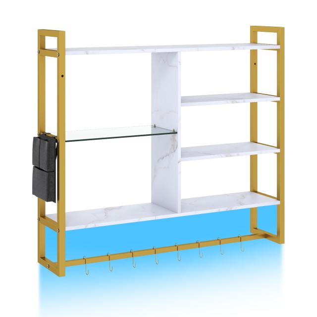 Costway Κρεμαστό επιτοίχιο ράφι 6 επιπέδων με 8 γάντζους S, πλαϊνή τσέπη και RGB LED, λευκό, 107 x 24 x 96 εκ. JV13053EU-WH