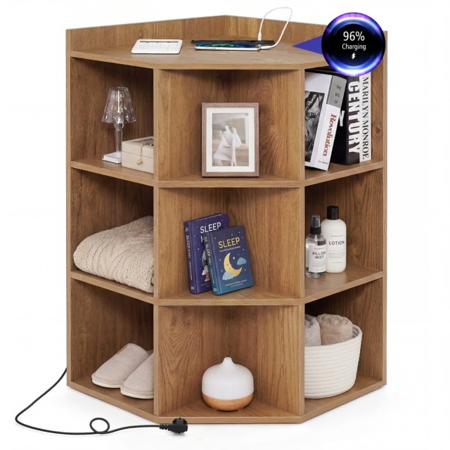 Costway Γωνιακή Βιβλιοθήκη με Σταθμό Φόρτισης: Γωνιακό Ράφι με 9 Θέσεις & 2 Θύρες USB & 4 Πρίζες, Φυσικό, 86 x 71,5 x 51 cm CB10921DE-NA