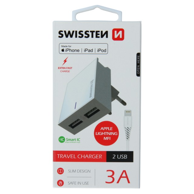 SWISSTEN Φορτιστής Ταξιδιού με Έξυπνο IC και 2x USB 3A + Καλώδιο Δεδομένων USB / Lightning MFi 1,2m Λευκό 8595217463295