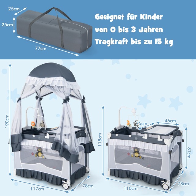 Costway Πολυλειτουργικό 4-σε-1 Βρεφικό Κρεβατάκι με Αποσπώμενη Κουρτίνα, Πτυσσόμενο Κρεβάτι για Ταξίδια με Στρώμα και Ρόδες, Γκρι 190 x 117 x 78 cm BE10052GR