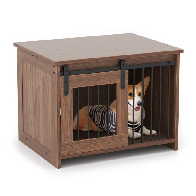 Costway Καφέ Κλουβί Σκύλων από Μέταλλο και Ξύλο με Συρόμενη Πόρτα PU10089BN