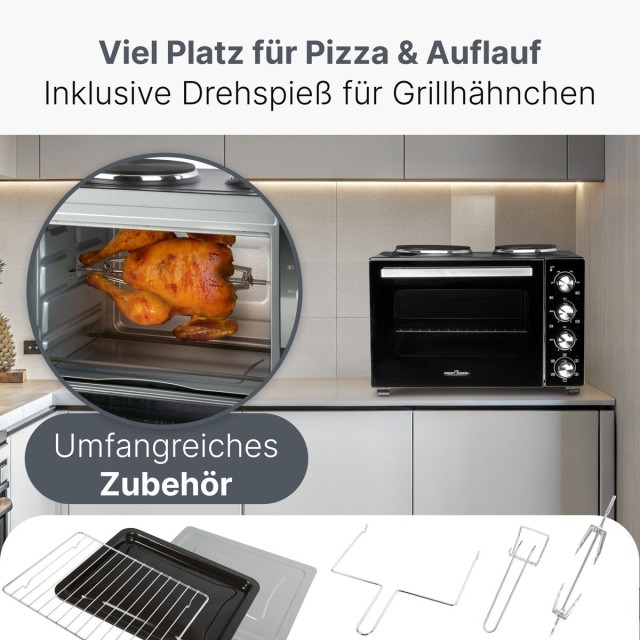 Πολυλειτουργική Κουζίνα με Φούρνο, Περιστρεφόμενη Σούβλα και 2 Εστίες – Μαύρο PC-KK1302-Black Proficare