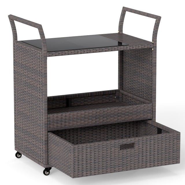 Costway Τροχήλατο καρότσι μπαρ εξωτερικού χώρου από ρατάν με σκληρυμένη γυάλινη επιφάνεια και ανοιχτό ράφι, καφέ, 92 x 47 x 85 cm HW74910