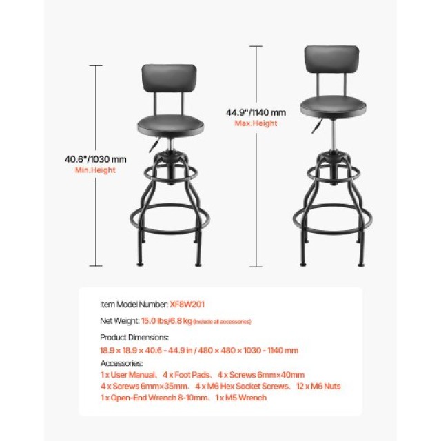 VEVOR Ρυθμιζόμενο Σκαμπό Εργαστηρίου με Πλάτη 300 lbs Φορτίο GJXCDBDJLGDKM7VJEV0