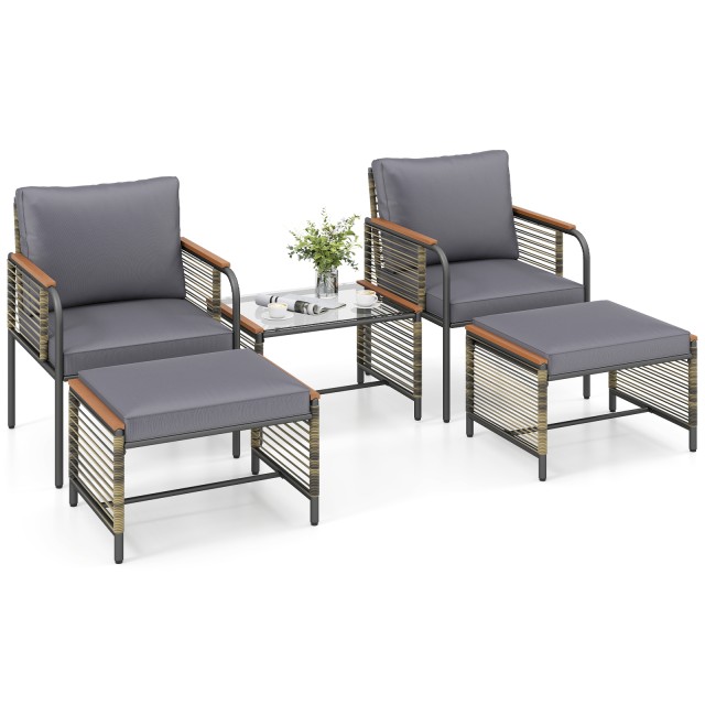 Costway Σετ Έπιπλα Κήπου από Ρατάν: Περιλαμβάνει 2 Καρέκλες με Μαξιλάρια & Σκαμπό & Τραπέζι, Γκρι Χρώμα NP12885GR