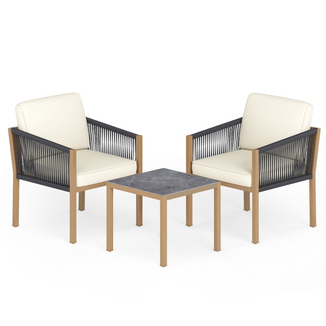 Costway Σετ Μπιστρό 3 Τεμαχίων από Πλεκτό Σχοινί με Μαξιλάρια για Μπαλκόνι, Βεράντα ή Κήπο, Μπεζ NP12764BE