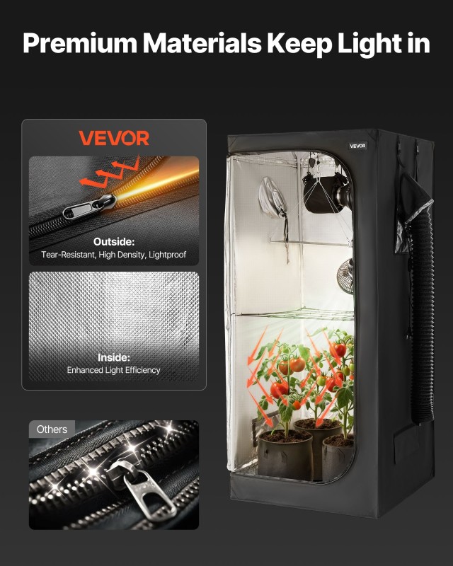 VEVOR Κιτ Καλλιέργειας Εσωτερικού Χώρου, 80 x 80 x 180 cm, με LED Φωτισμό και Σύστημα Αερισμού ZPTZ8080180C1KNYR001V2