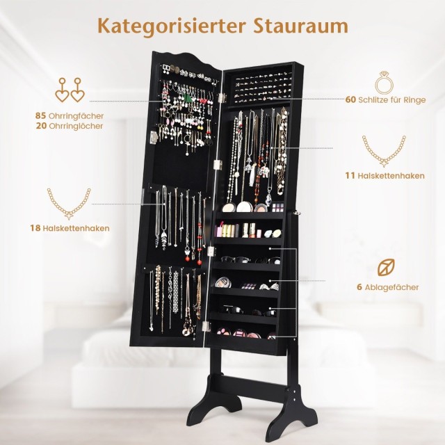 Κοσμηματοθήκη με Ολόσωμο Καθρέφτη και Κλειδαριά 45 x 37 x 160cm Μαύρο JV10774BK Costway