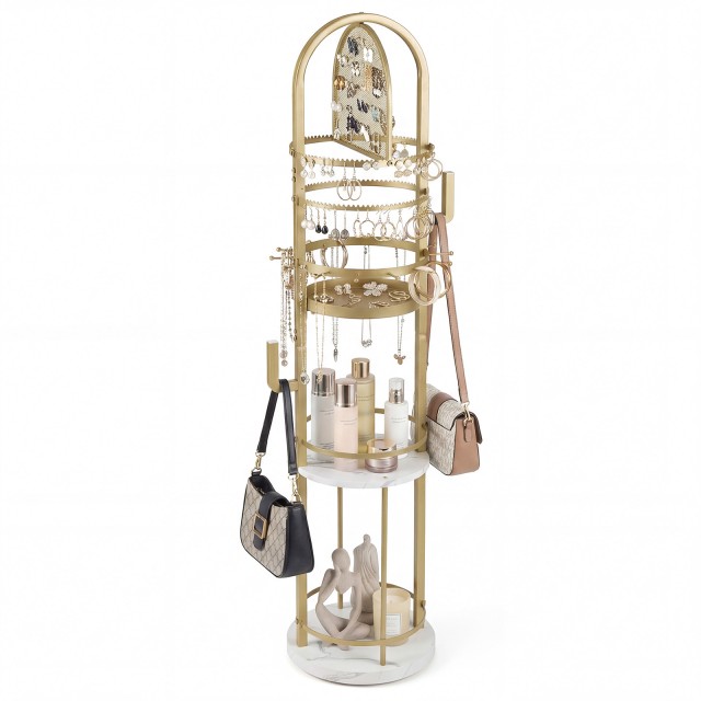 Costway Περιστρεφόμενη βάση κοσμημάτων 360° με θήκες για σκουλαρίκια και κολιέ, 3 ράφια, χρυσό/λευκό, 148 x 33 x 33 cm JV13044WH
