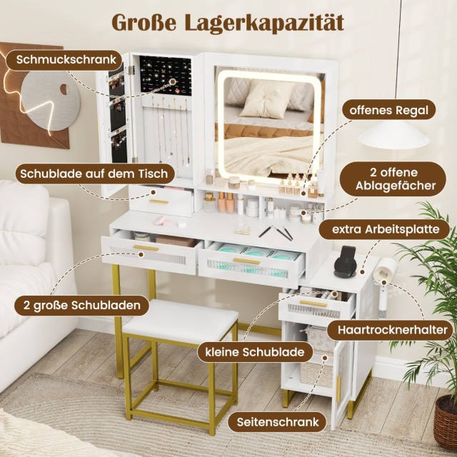 Costway Σετ Τουαλέτας Μακιγιάζ με Ενσωματωμένο Σταθμό Φόρτισης και LED Καθρέφτη 112 x 39.5 x 145 cm HU10854DE-WH+