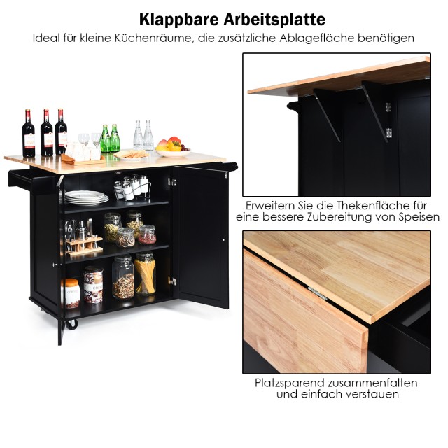 Κινητή Νησίδα Κουζίνας με Αναδιπλούμενη Επιφάνεια Εργασίας 136x76x91 εκ. Μαύρο KC54246BK+ Costway