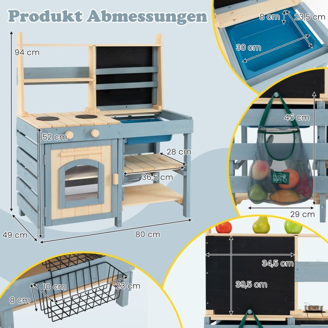 Costway Παιδική Κουζίνα Εξωτερικού Χώρου 2 σε 1 με Βρύση και Αποσπώμενο Νεροχύτη 94 x 49,5 x 80 cm- Μπλε TP10249