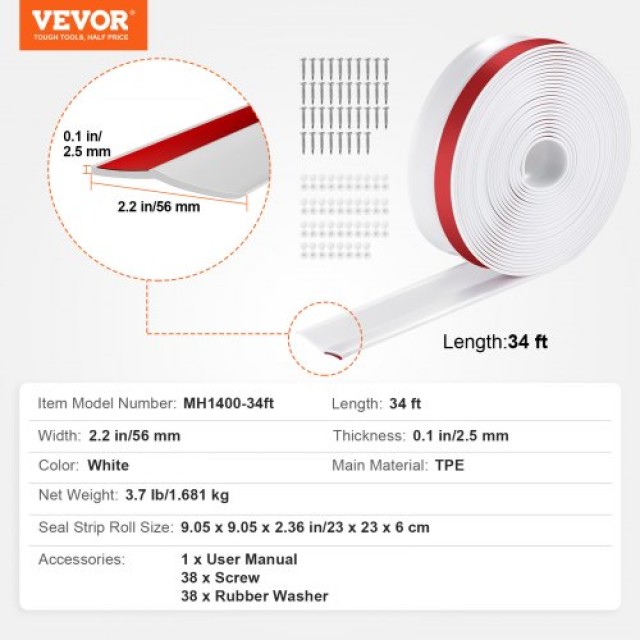VEVOR Σφραγιστική Ταινία Πόρτας Γκαράζ 34 FT - Καθολική Αντίσταση Καιρού MFT1J34FTDBJENC7NV0