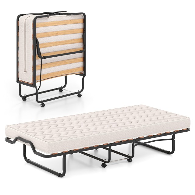 Costway Πτυσσόμενο Κρεβάτι 90x200 εκ. με Στρώμα Memory Foam, Ρόδες, για Επισκέπτες, Ιταλικό, Μαύρο HW73514