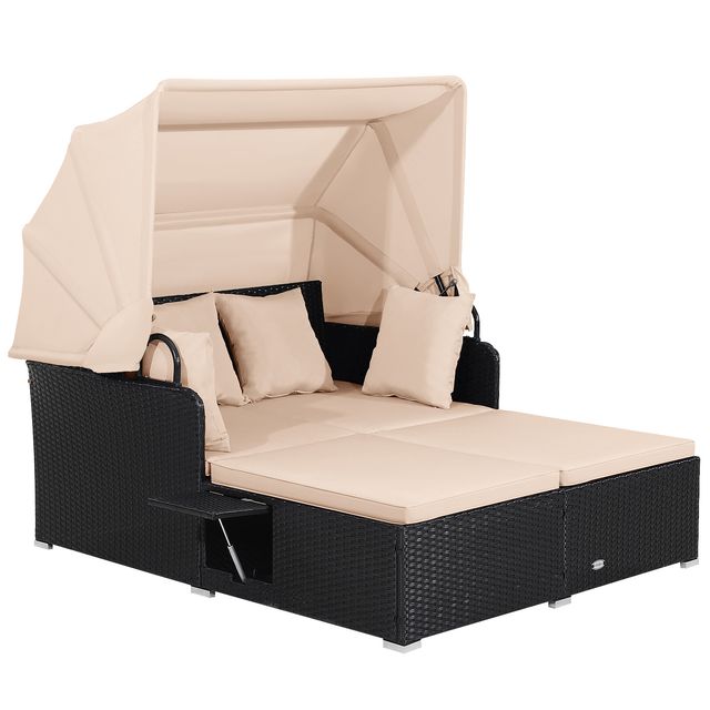 Costway Ρατάν Daybed Κήπου με Αναδιπλούμενη Τέντα και Πλαϊνά Τραπεζάκια, Μπεζ HW75142BN